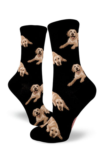 Black crew socks for women with yellow Labrador retrievers in various poses.
