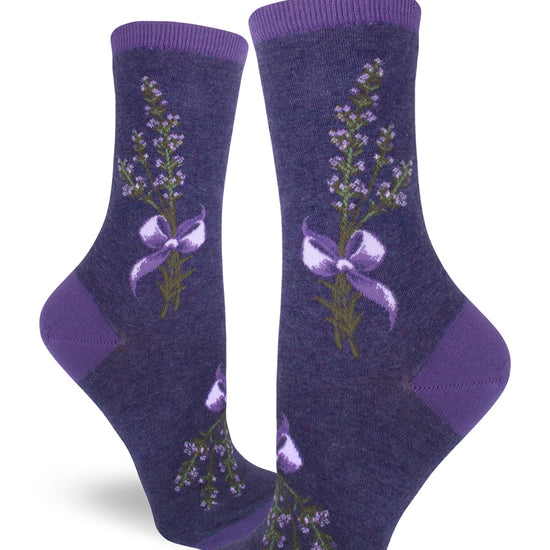 Dark purple crew socks for women with bundles of lavender ties with purple ribbons.
