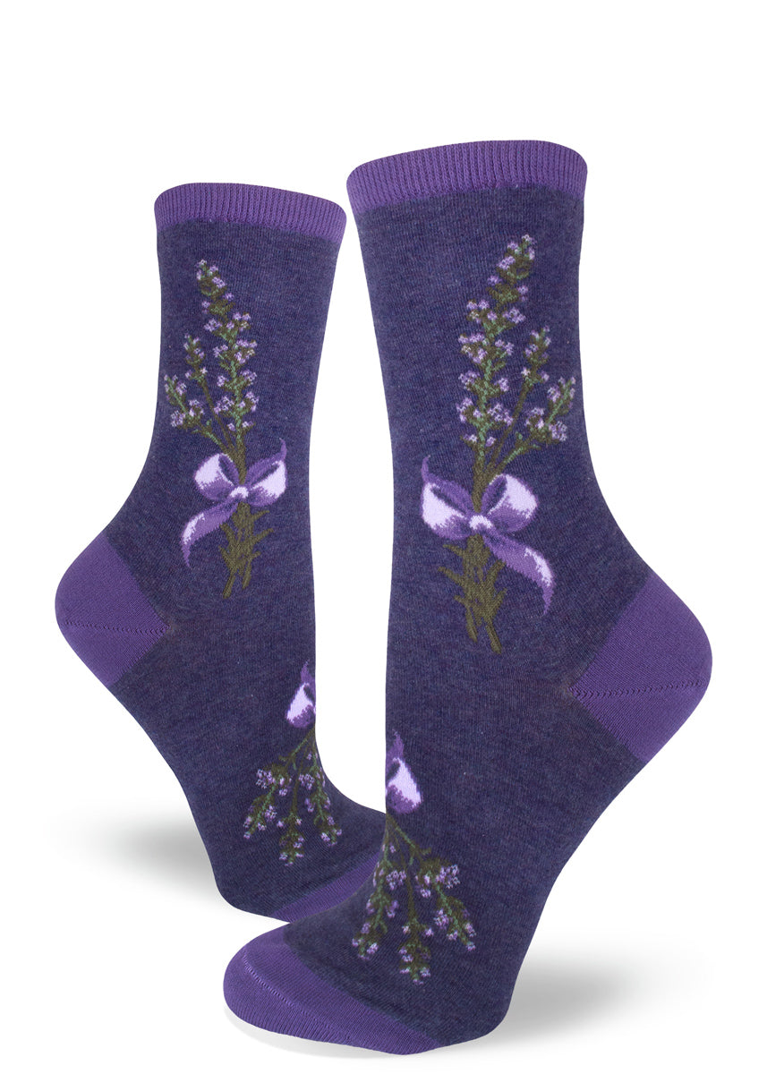 Dark purple crew socks for women with bundles of lavender ties with purple ribbons.