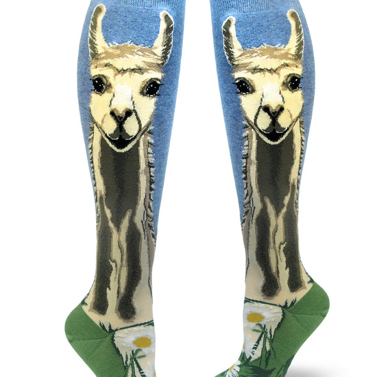 Llama knee socks with large realistic llama faces and necks up each side, with blue sky at the top and grass and daisies at the bottom.