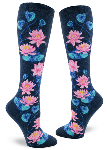 Navy blue knee socks with pink lotus flowers, blue lily pads and lotus seed pods.