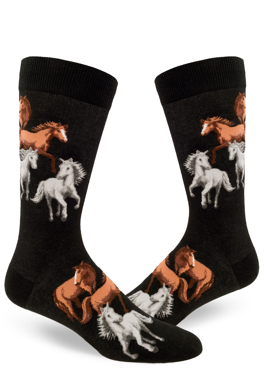 Men's black crew socks with a pattern of brown and white galloping horses.