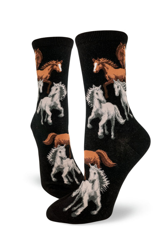 Black crew socks for women with gray and brown wild horses galloping.