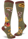 Green knee socks with mossy log pattern and many varieties of wild mushrooms.