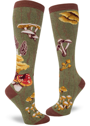 Green knee socks with mossy log pattern and many varieties of wild mushrooms.