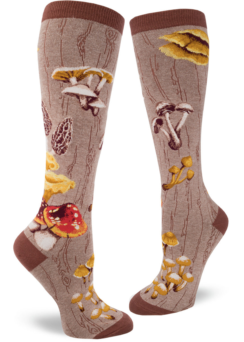 Brown tree bark patterned knee socks with a variety of wild mushrooms.
