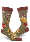 Green crew socks for men with mossy tree bark pattern and wild mushrooms.