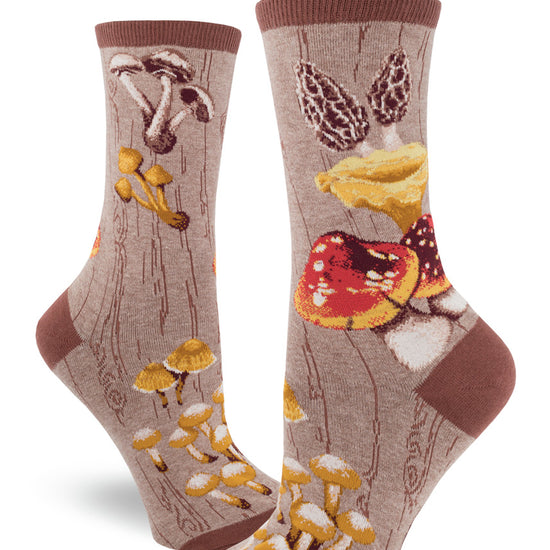 Brown crew socks for women with wild mushrooms on a tree bark pattern.