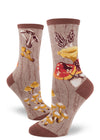 Brown crew socks for women with wild mushrooms on a tree bark pattern.