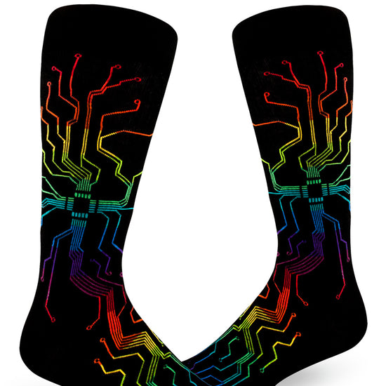 Black crew socks for men with rainbow circuitboard pattern.