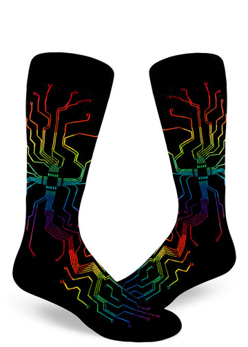 Black crew socks for men with rainbow circuitboard pattern.