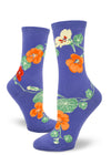 Periwinkle purple crew socks for women with nasturtium flowers in red, orange and yellow along with winding green leaves and stems.
