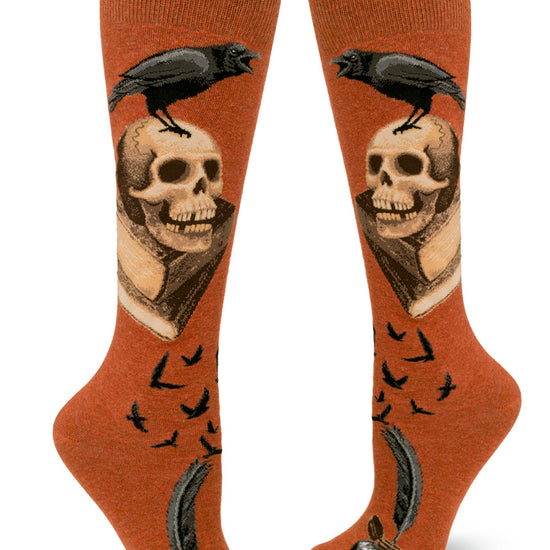 Rust orange knee socks with raven, skull and book design based on Edgar Allan Poe.