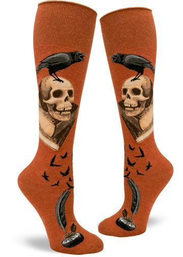 Rust orange knee socks with raven, skull and book design based on Edgar Allan Poe.