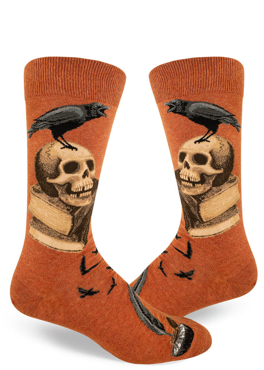 Rust orange men's crew socks with Poe-inspired design of ravens, skulls, books and inkwells.