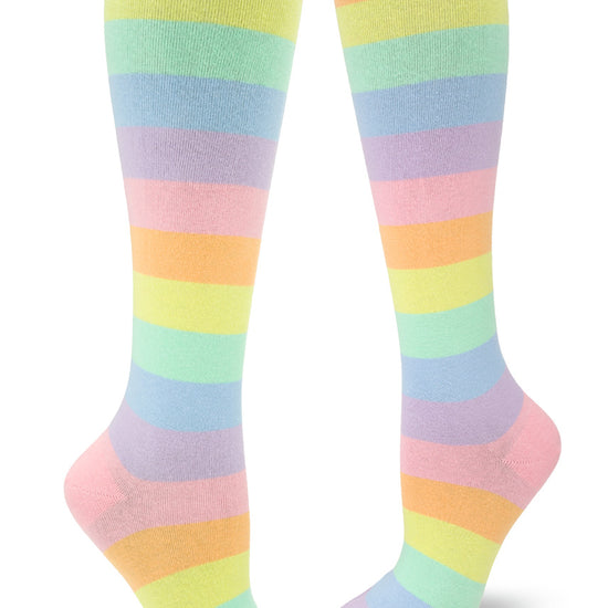 Pastel striped rainbow knee-high socks with pale colors.