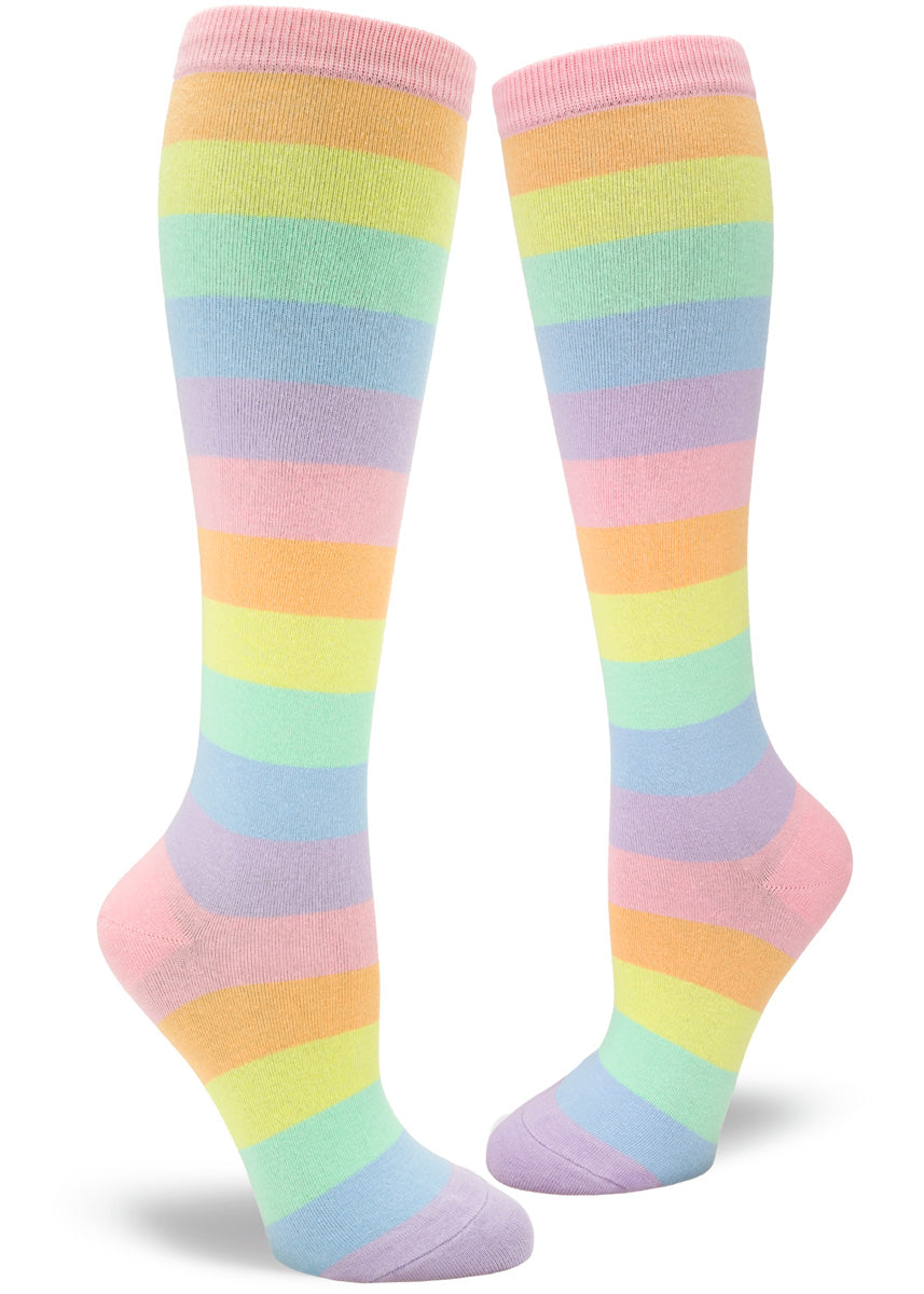 Pastel striped rainbow knee-high socks with pale colors.