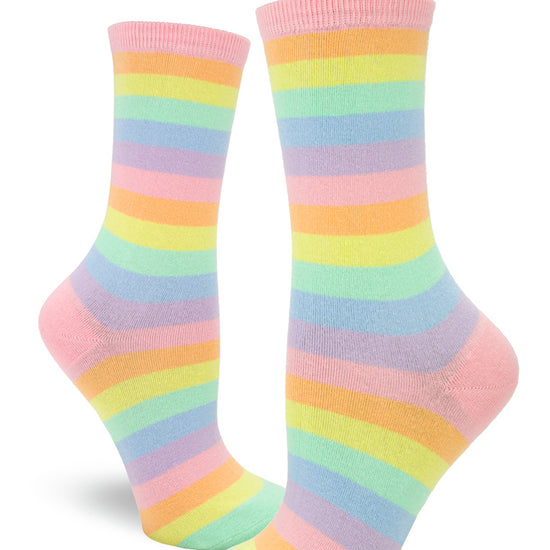 Pastel rainbow stripe crew socks for women with soft pale colors.