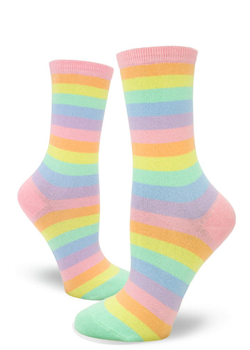 Pastel rainbow stripe crew socks for women with soft pale colors.