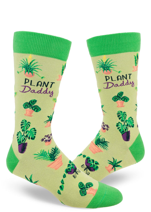 Green men's crew socks with the words "Plant Daddy" and assortment of potted houseplants.