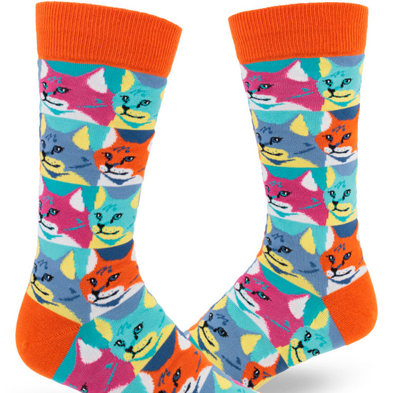 Colorful crew socks for men with pop-art-style cats in allover repeating pattern.