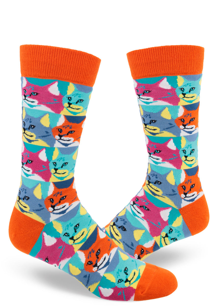 Colorful crew socks for men with pop-art-style cats in allover repeating pattern.