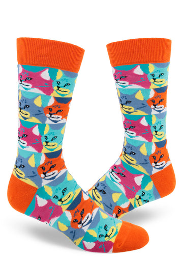Colorful crew socks for men with pop-art-style cats in allover repeating pattern.