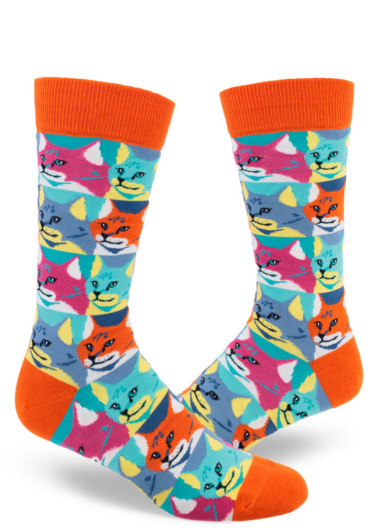 Colorful crew socks for men with pop-art-style cats in allover repeating pattern.