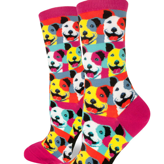 Muticolored dog crew socks for women with bright pit bulls in pop art colors panting and smiling on an allover repeating pattern.