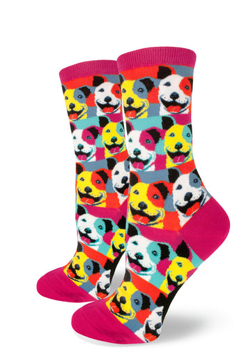 Muticolored dog crew socks for women with bright pit bulls in pop art colors panting and smiling on an allover repeating pattern.