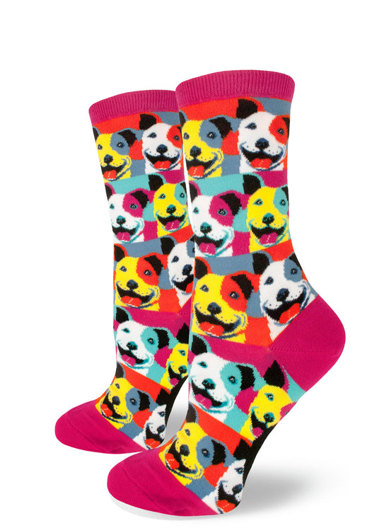 Muticolored dog crew socks for women with bright pit bulls in pop art colors panting and smiling on an allover repeating pattern.