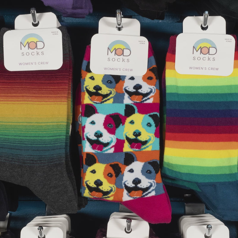 ModSocks women's crew socks hanging in a retail sock store display.