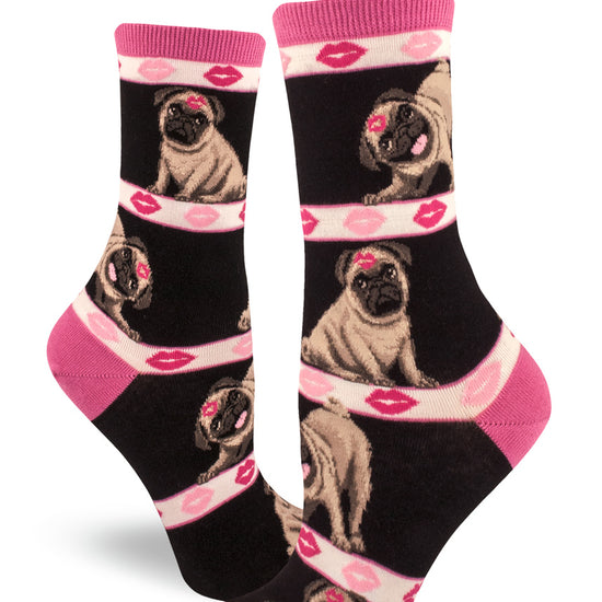 Black and pink crew socks for women with pug dogs with kisses on their foreheads and stripes of lipstick kisses.