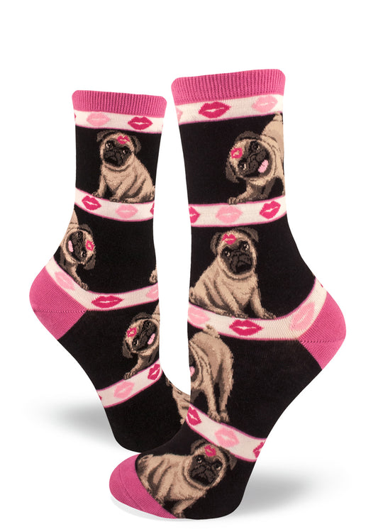 Black and pink crew socks for women with pug dogs with kisses on their foreheads and stripes of lipstick kisses.