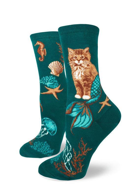 Teal crew socks for women with a cat mermaid design and sea creatures including jellyfish, seahorses and starfish.
