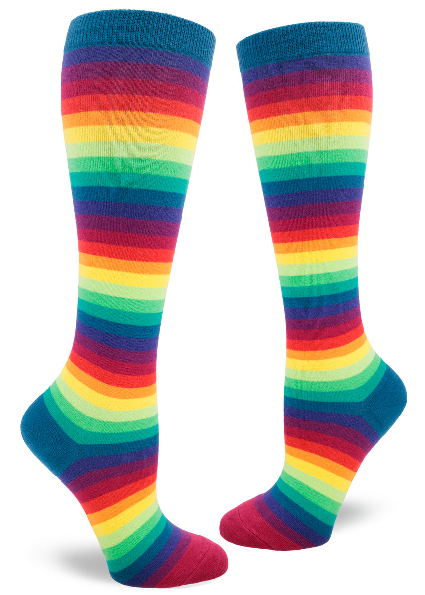 Rainbow striped knee high socks with bright narrow striped to create a bright gradient effect.