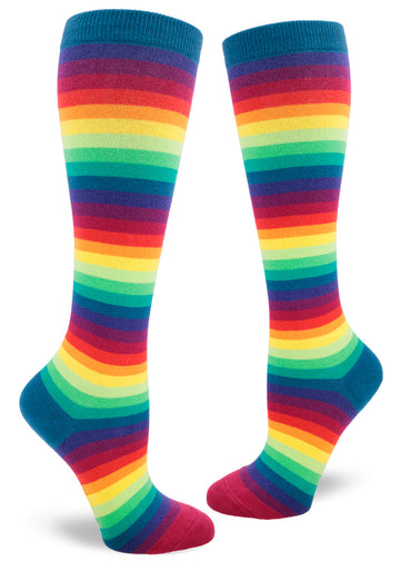 Rainbow striped knee high socks with bright narrow striped to create a bright gradient effect.