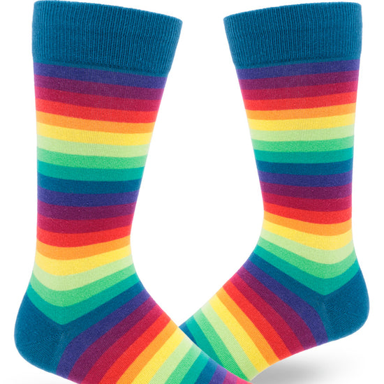 Bright rainbow striped crew socks for men with thin stripes that give a gradient effect.