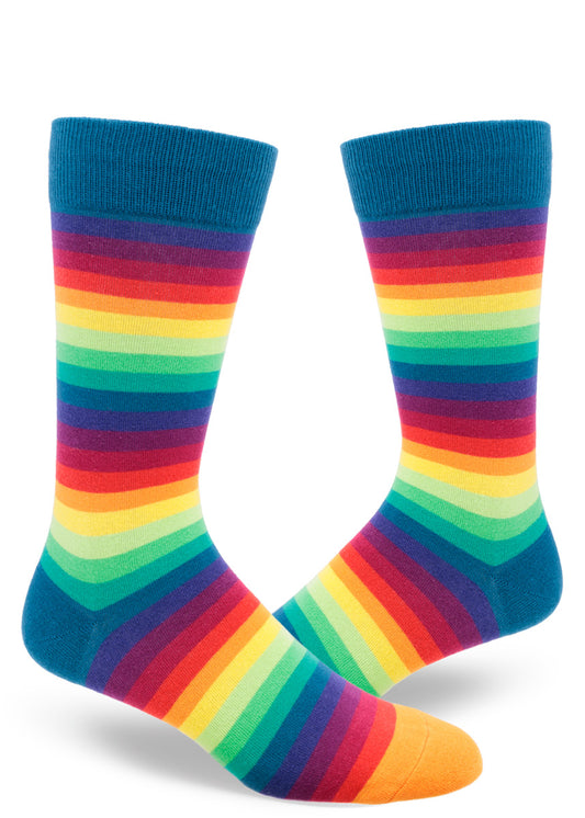 Bright rainbow striped crew socks for men with thin stripes that give a gradient effect.