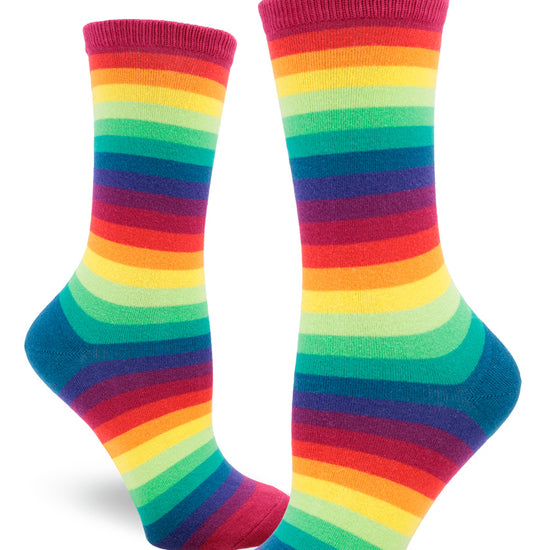 Rainbow striped crew socks for women with thin colorful stripes creating a gradient effect.