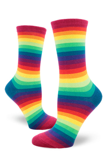 Rainbow striped crew socks for women with thin colorful stripes creating a gradient effect.
