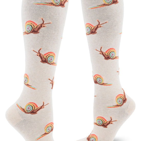 Cream knee socks with allover repeating pattern of snails with rainbow snails leaving rainbow slime trails.