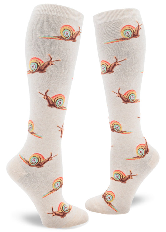 Cream knee socks with allover repeating pattern of snails with rainbow snails leaving rainbow slime trails.