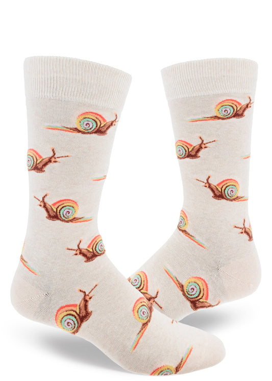 Cream colored crew socks for men with rainbow snails leaving trails of rainbow slime in repeating allover pattern.