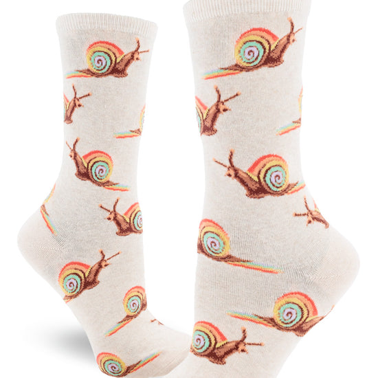 Cream crew socks for women with snails in rainbow shells leaving rainbow trails behind them in allover repeating pattern.