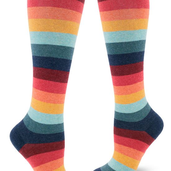 Colorful vintage striped knee socks that evoke the retro color palette of the 1970s.