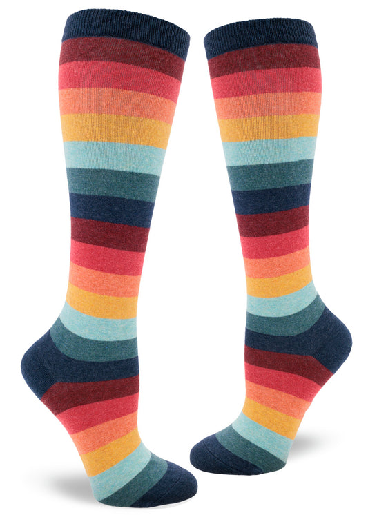 Colorful vintage striped knee socks that evoke the retro color palette of the 1970s.