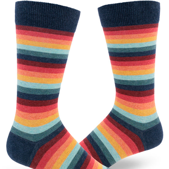 Striped men's crew socks in warm tones with the retro vibe of the 1970s.