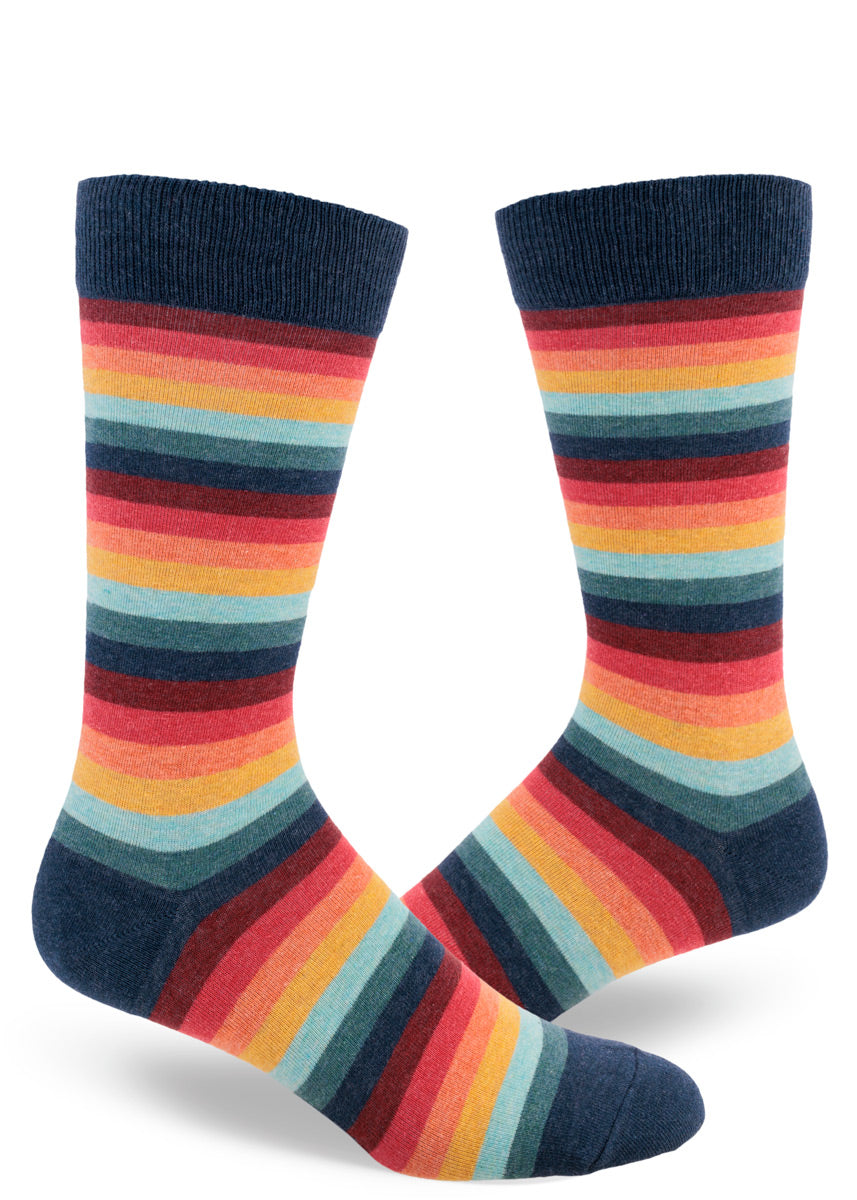 Striped men's crew socks in warm tones with the retro vibe of the 1970s.