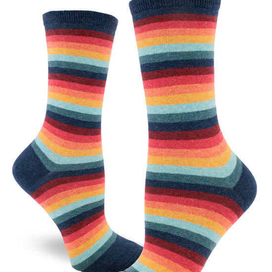 Vintage striped crew socks for women with 1970s style color palette in muted blue, teal, red, orange and yellow.